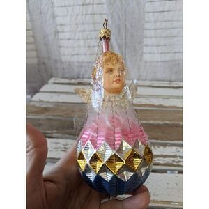 VTG Inge Glas Cherub Above Ball With Tinsel Wire O